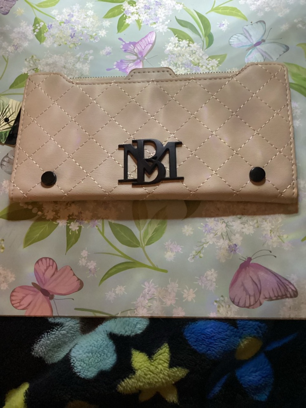 Badgley Mischka Quilted Cream-Beige Clutch with Monogram Accent